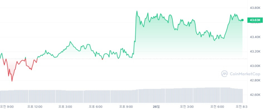  [시세브리핑] 암호화폐 시장 오름세...비트코인 4만3620달러선