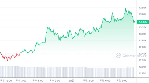 [오후 시세브리핑] 비트코인 4만3494달러선...암호화폐 시장 상승 흐름