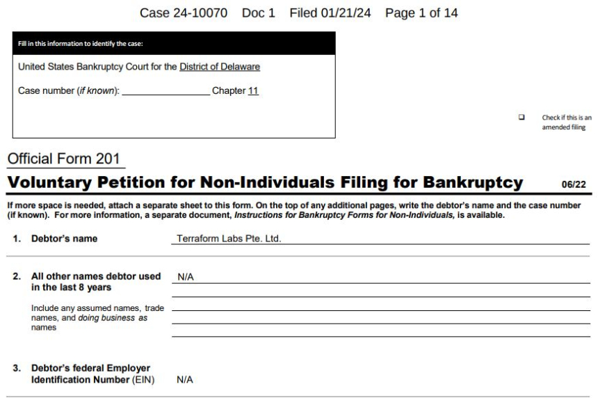  테라폼랩스, 美 델라웨어 법원서 '챕터 11' 파산 신청