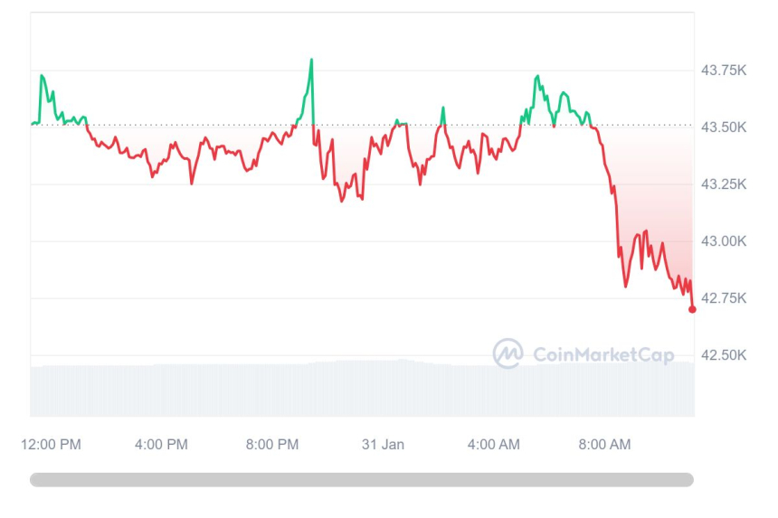  [오후 시세브리핑] 비트코인 4만3000달러선 깨져...1.59% ↓