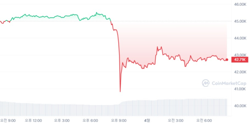  [시세브리핑] 조정받는 암호화폐 시장...비트코인 4만2670달러선까지 밀려