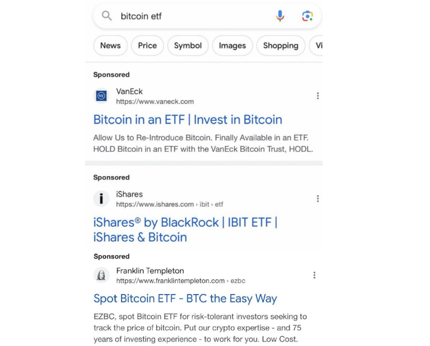 블랙록·반에크 등 구글에 '비트코인 현물' ETF 광고 올려