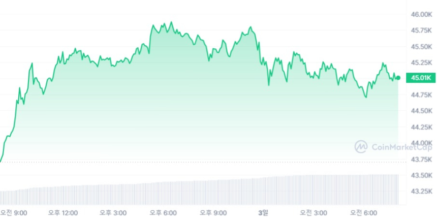  [시세브리핑] 비트코인, 4만5000달러선 유지...알트코인은 '보합'