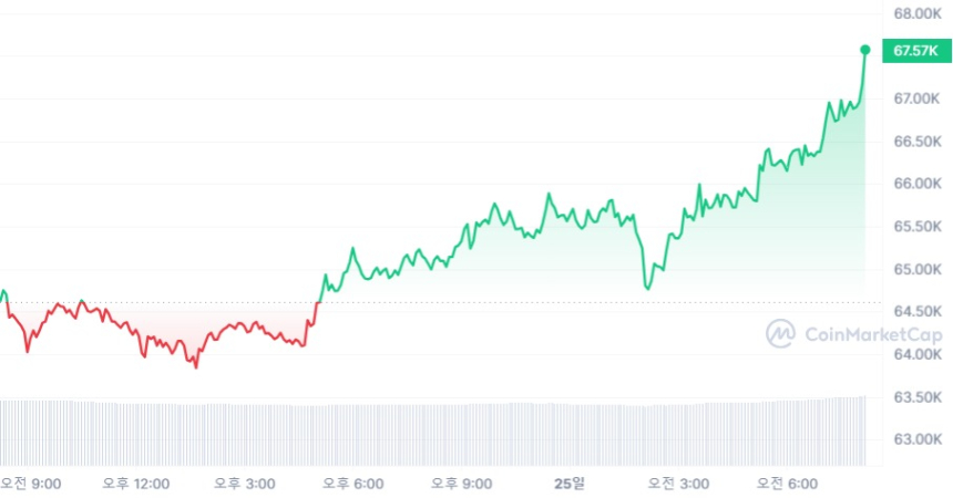  [시세브리핑] 암호화폐 시장 주말새 반등...비트코인 6만7100달러선