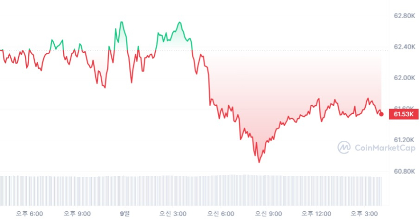 [마감 시세브리핑] 비트코인 6만1520달러, 이더리움 2990달러선