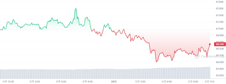 [오후 시세브리핑] 암호화폐 시장 하락세...비트코인 6만6503달러선