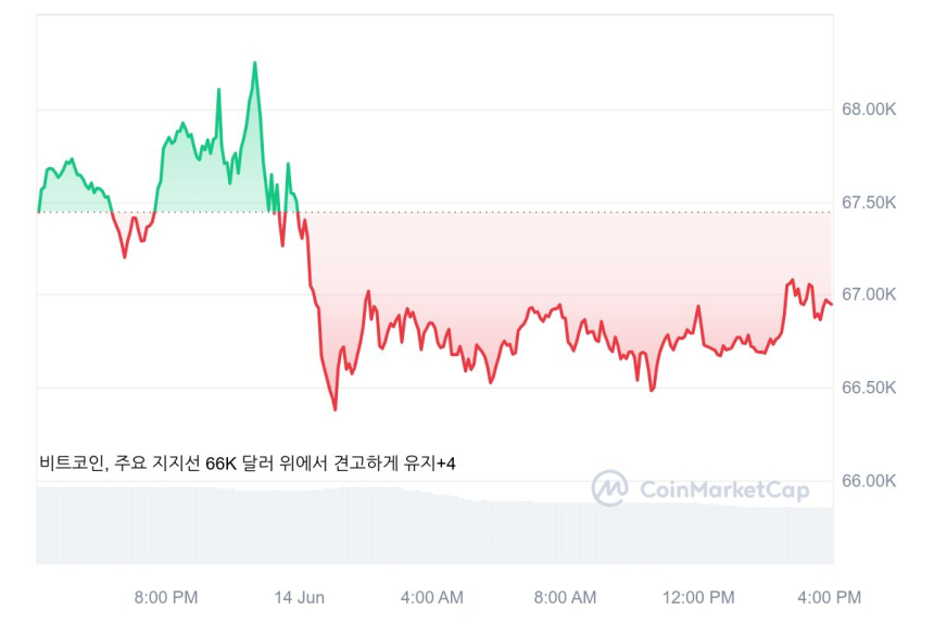[마감 시세브리핑] 암호화폐 약보합세, 비트코인 6만6946달러선