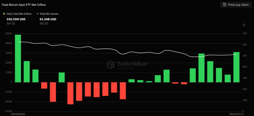 7월 둘째주 비트코인 현물 ETF 시장, 5거래일 연속 순유입 기록