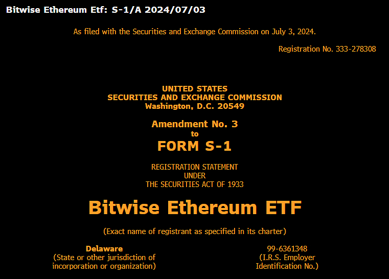비트와이즈, 이더리움 현물 ETF 수정본 제출...