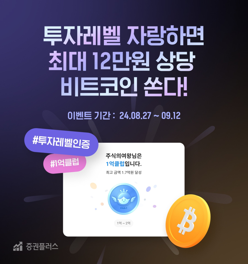  증권플러스, ‘투자 레벨’ 인증 도입...최대 12만원 상당 비트코인 증정 이벤트