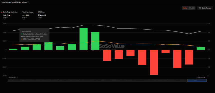 美 비트코인 현물 ETF 시장, 8거래일 만에 순유입 전환