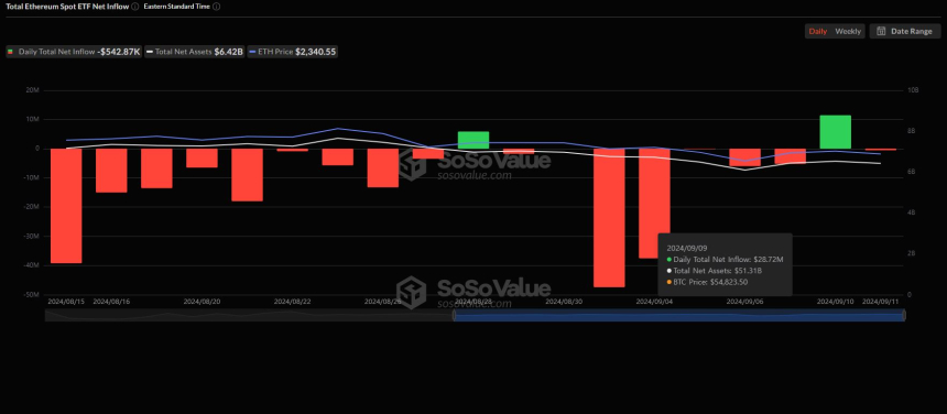 美 이더리움 현물 ETF 시장, 54만 달러 얕은 유출세