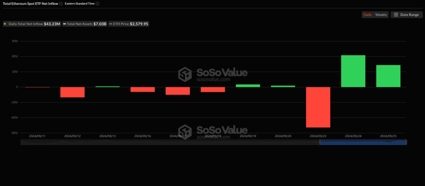 美 이더리움 현물 ETF 시장, 이틀 연속 순유입세...'4323만 달러' 상당