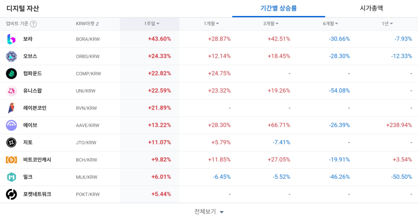  [코인 TOP 10 주간동향] 보라·오브스·컴파운드 급등... 강세장 속 특징주 '부각'