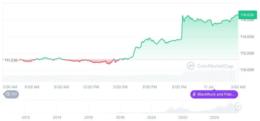  [오후 시세브리핑] 암호화폐 시장 상승세… 비트코인 116,664달러, 이더리움 2,964달러