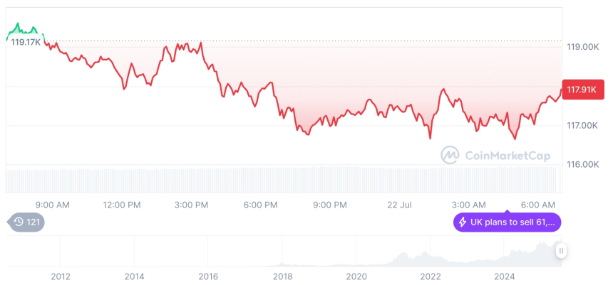  [저녁 시세브리핑] 암호화폐 시장 혼조세… 비트코인 117,852달러, 이더리움 3,691달러