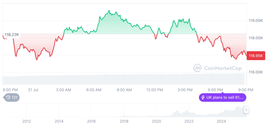  [모닝 시세브리핑] 암호화폐 시장 혼조세… 비트코인 117,021달러, 이더리움 3,754달러