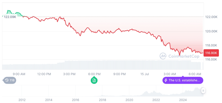  [저녁 시세브리핑] 암호화폐 시장 하락세… 비트코인 117,030달러, 이더리움 2,985달러