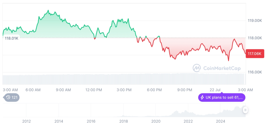 [오후 시세브리핑] 암호화폐 시장 혼조세… 비트코인 11만7097달러, 이더리움 3742달러