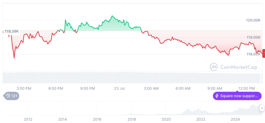  [모닝 시세브리핑] 암호화폐 시장 하락세… 비트코인 118,021달러, 이더리움 3,646달러