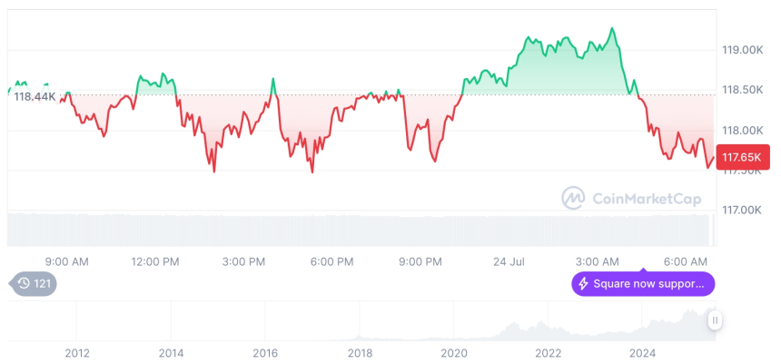  [저녁 시세브리핑] 암호화폐 시장 하락세… 비트코인 117,512달러, 이더리움 3,545달러