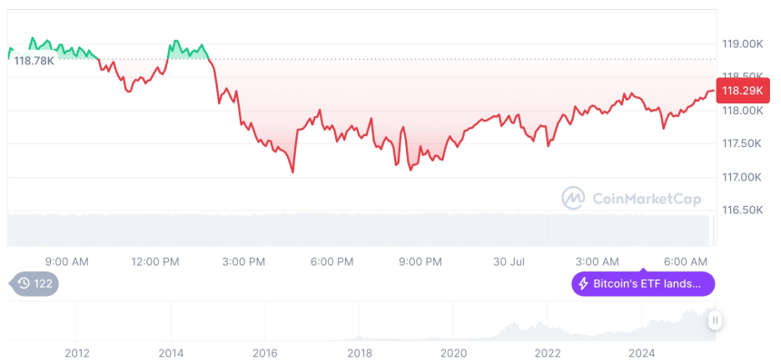  [저녁 시세브리핑] 암호화폐 시장 하락세… 비트코인 11만8천달러, 이더리움 3,825달러