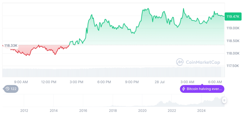  [저녁 시세브리핑] 암호화폐 시장 상승세… 비트코인 11만9449달러, 이더리움 3,913달러
