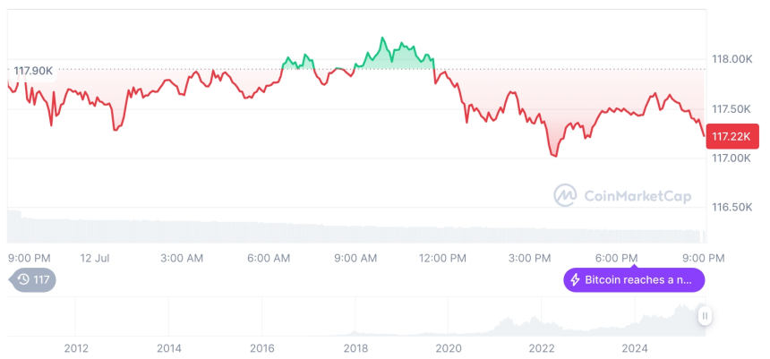  [모닝 시세브리핑] 암호화폐 시장 하락세… 비트코인 11만7186달러, 이더리움 2921달러