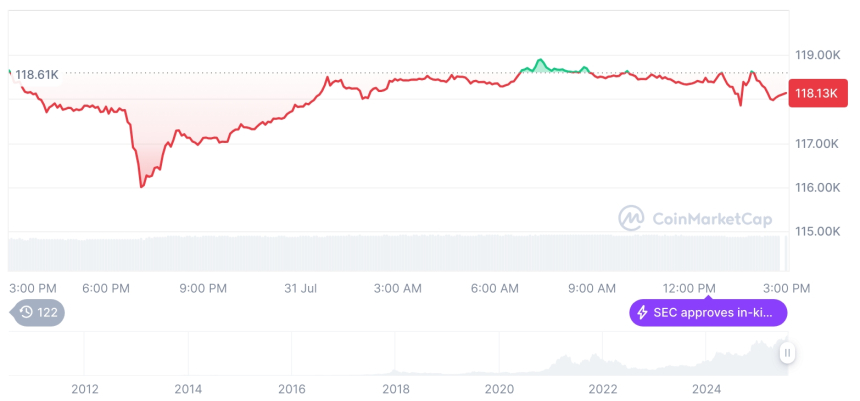  [자정 시세브리핑] 암호화폐 시장 하락세… 비트코인 11만8100달러, 이더리움 3775달러