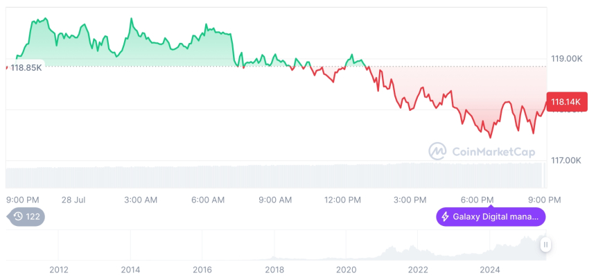  [모닝 시세브리핑] 암호화폐 시장 하락세… 비트코인 11만8천달러, 이더리움 3,791달러