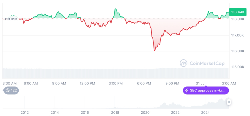  [오후 시세브리핑] 암호화폐 시장 혼조세… 비트코인 11만8천 달러, 이더리움 3,861달러