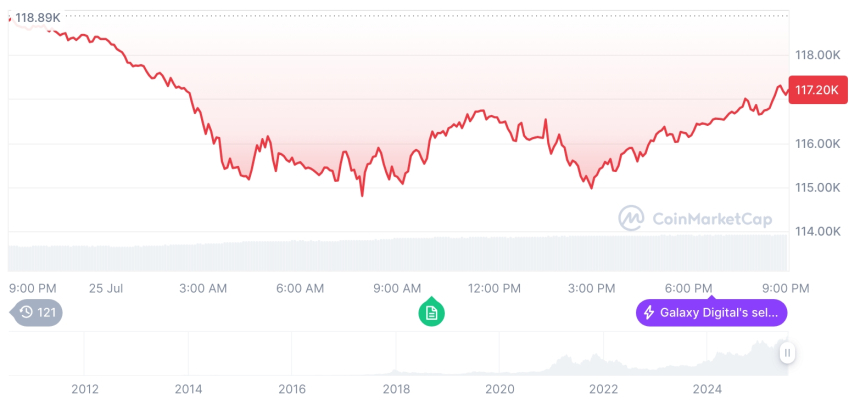  [모닝 시세브리핑] 암호화폐 시장 하락세… 비트코인 11만7천달러, 이더리움 3,695달러