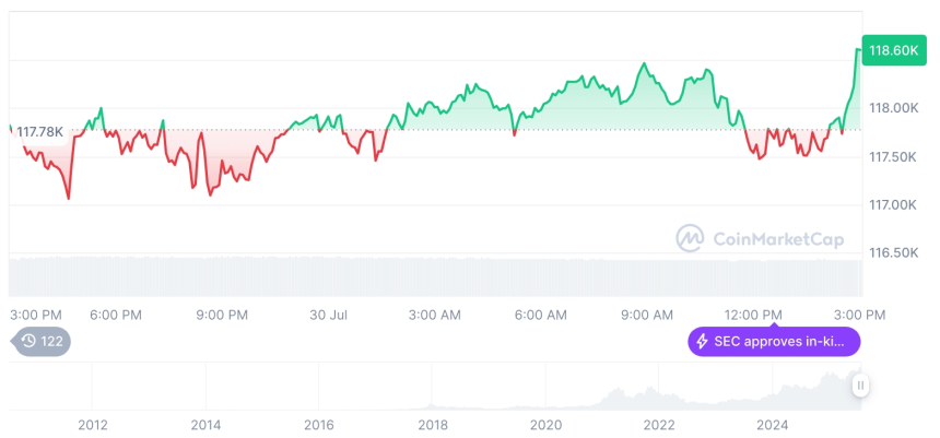  [자정 시세브리핑] 암호화폐 시장 혼조세… 비트코인 118,635달러, 이더리움 3,809달러