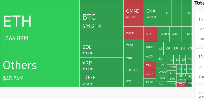  암호화폐 시장, 24시간 동안 레버리지 포지션 1억4133만 달러 청산…롱 포지션 비중 80%↑