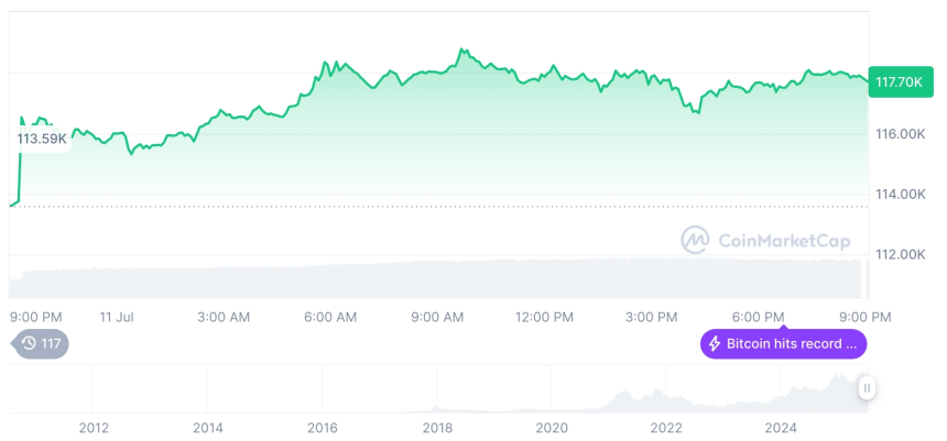  [모닝 시세브리핑] 암호화폐 시장 상승세… 비트코인 117,703달러, 이더리움 2,978달러