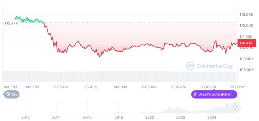  [자정 시세브리핑] 암호화폐 시장 하락세… 비트코인 110,412달러, 이더리움 4,554달러