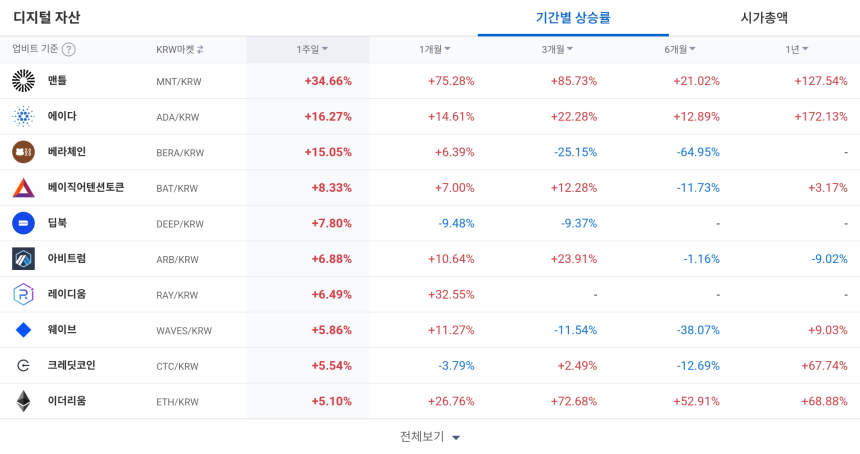 [코인 TOP 10 주간동향] 맨틀·에이다 강세…알트코인 중심 수급 쏠림 지속