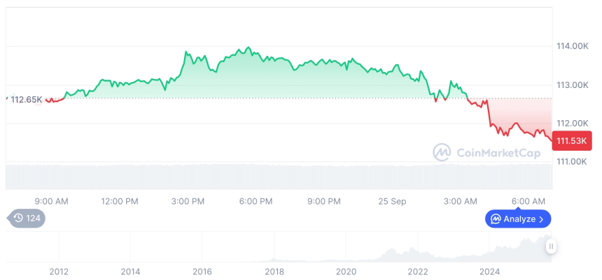  [저녁 시세브리핑] 암호화폐 시장 하락세… 비트코인 111,500달러, 이더리움 3,998달러