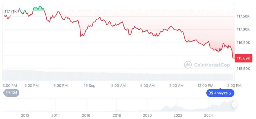  [자정 시세브리핑] 암호화폐 시장 하락세… 비트코인 11만5910달러, 이더리움 4496달러