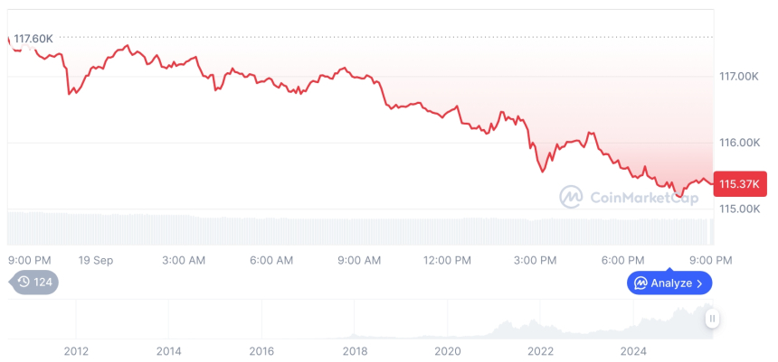  [모닝 시세브리핑] 암호화폐 시장 하락세… 비트코인 115,399달러, 이더리움 4,457달러