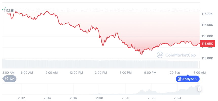  [오후 시세브리핑] 암호화폐 시장 하락세… 비트코인 11만5,649달러, 이더리움 4,468달러