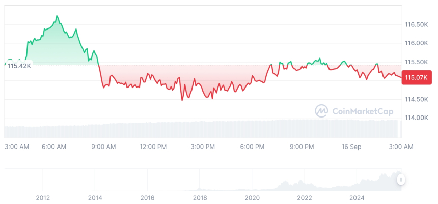  [오후 시세브리핑] 암호화폐 시장 하락세… 비트코인 115,073달러, 이더리움 4,516달러