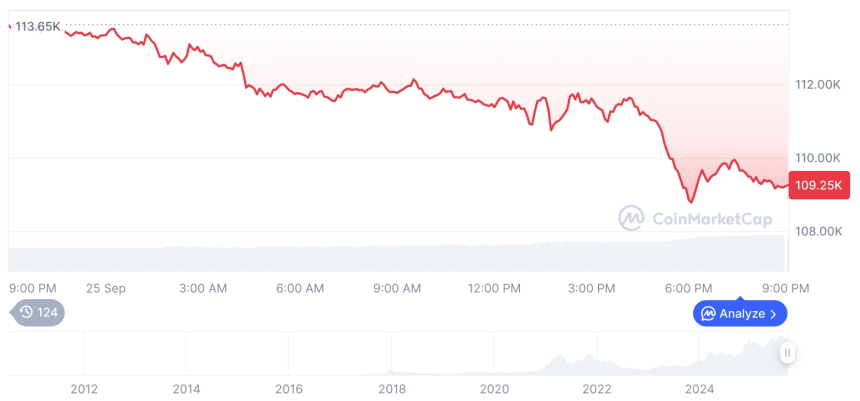  [모닝 시세브리핑] 암호화폐 시장 하락세… 비트코인 10만9천 달러, 이더리움 3,894달러