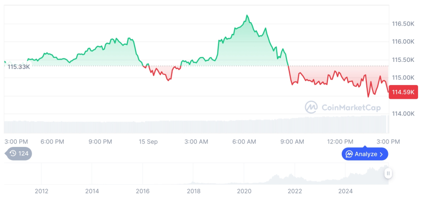  [자정 시세브리핑] 암호화폐 시장 약세 흐름… 비트코인 114,604달러, 이더리움 4,514달러