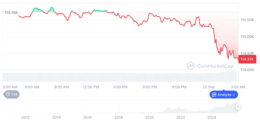  [오후 시세브리핑] 암호화폐 시장 하락세… 비트코인 11만4천달러, 이더리움 4,292달러