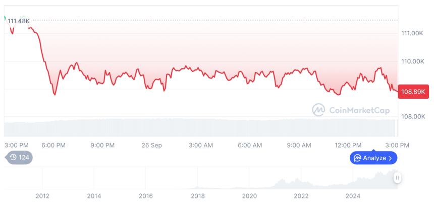  [자정 시세브리핑] 암호화폐 시장 하락세… 비트코인 10만8891달러, 이더리움 3933달러