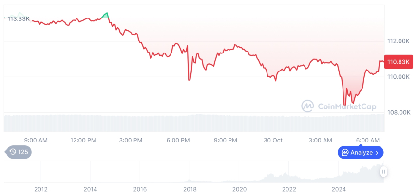  [저녁 시세브리핑] 암호화폐 시장 하락세… 비트코인 110,780달러, 이더리움 3,916달러