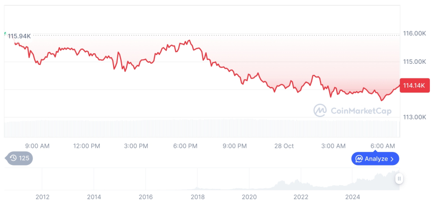  [저녁 시세브리핑] 암호화폐 시장 하락세… 비트코인 114,106달러, 이더리움 4,112달러