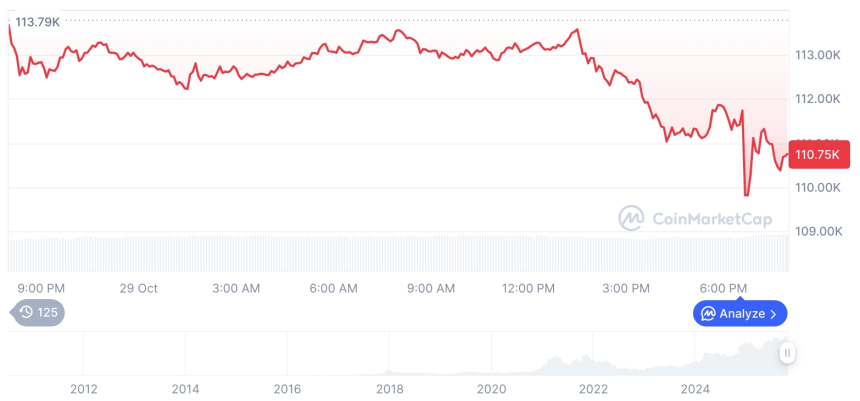 [모닝 시세브리핑] 암호화폐 시장 하락세… 비트코인 110,716달러, 이더리움 3,919달러