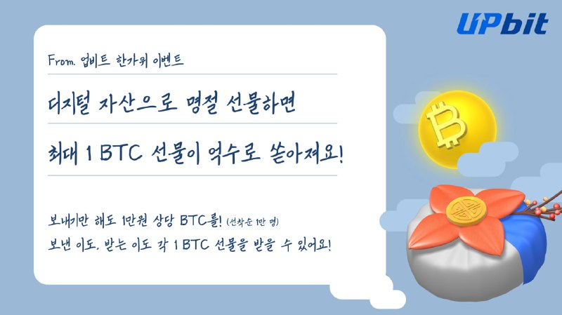 업비트, 추석 맞아 '휴대전화 번호 출금 이벤트'…총 4억원 상당 BTC 지급